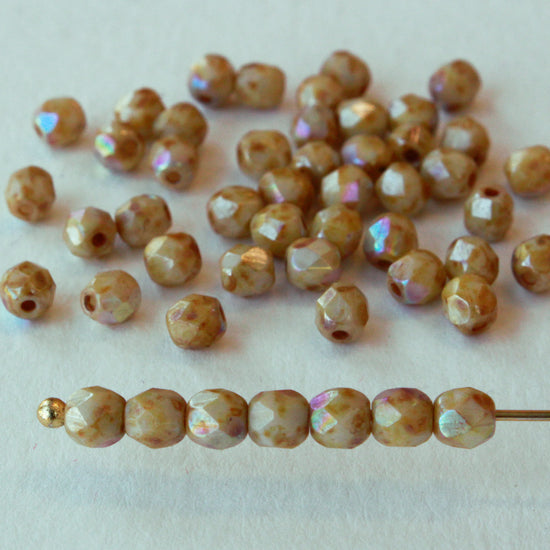 4mm Round Firepolished Beads - Opaque Lustered Picasso - 50 beads