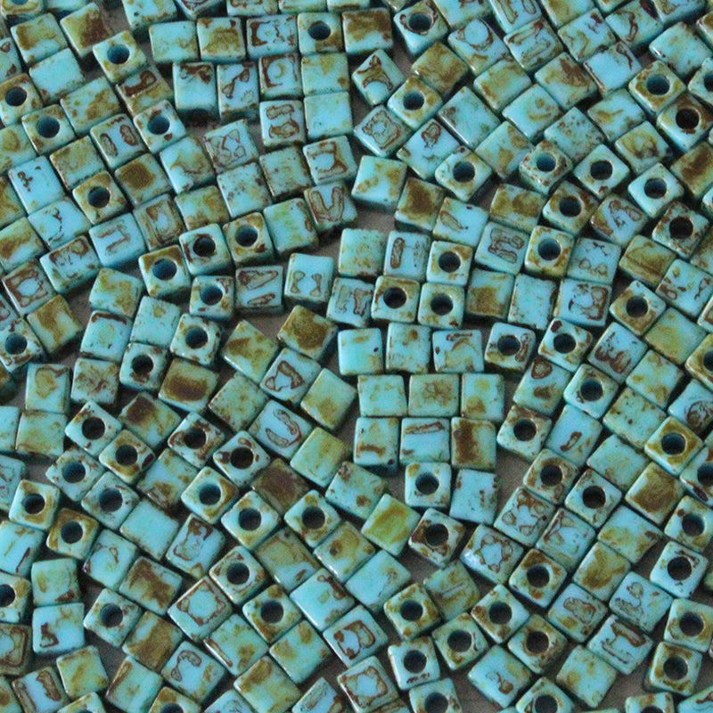 4mm Miyuki Cube Beads - Turquoise Picasso - 20 or 60 grams