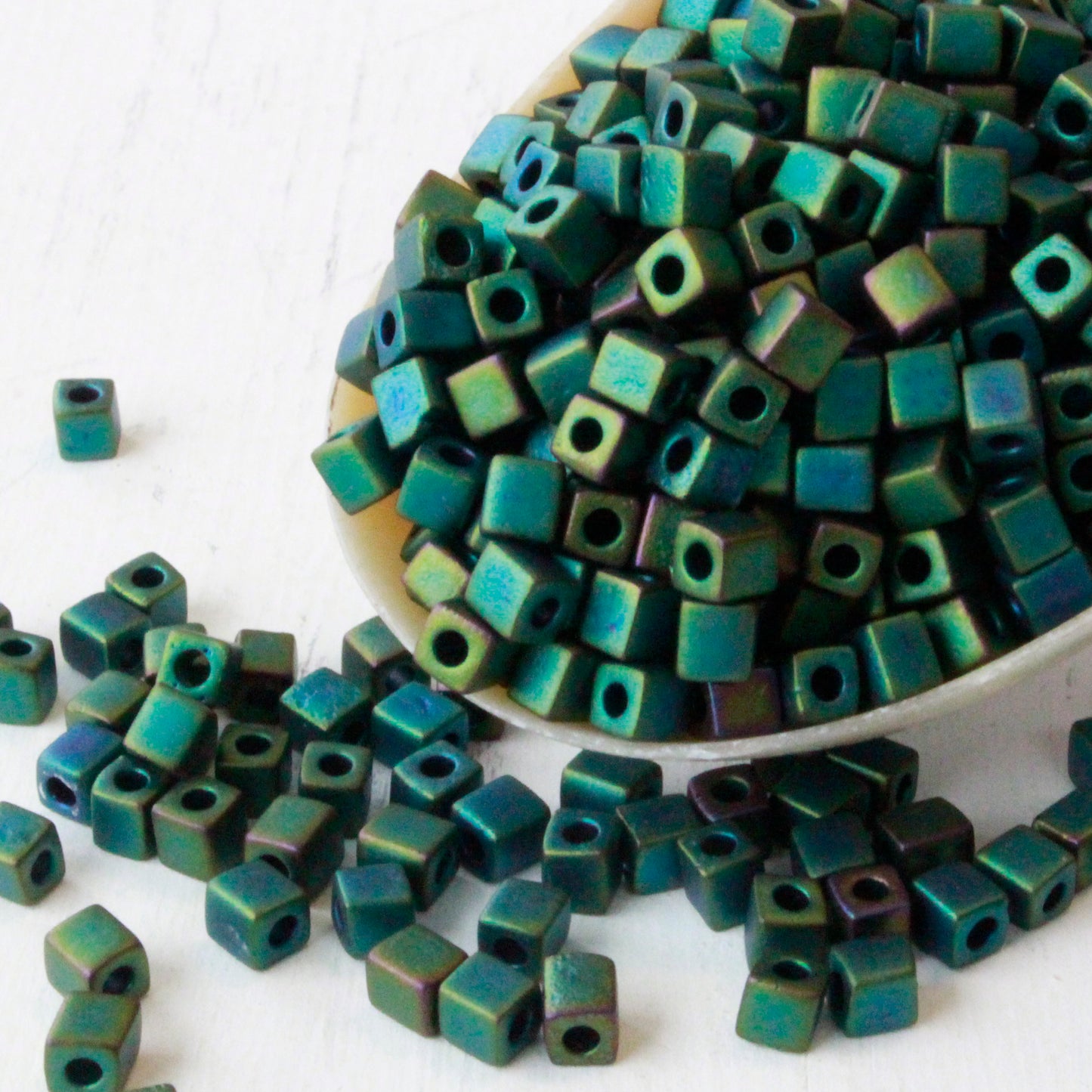 4mm Miyuki Cube Beads - Opaque Green Iris - 10 or 20 grams