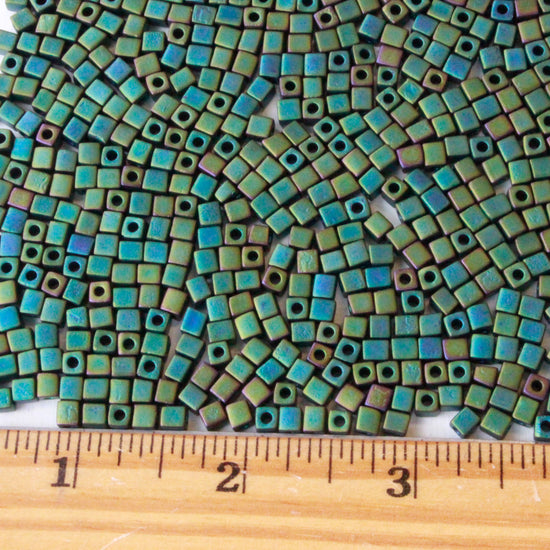 4mm Miyuki Cube Beads - Opaque Green Iris - 10 or 20 grams