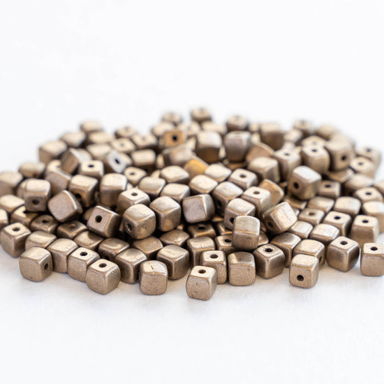 4mm Czech Glass Cube Beads - Metallic Bronze - 100 beads