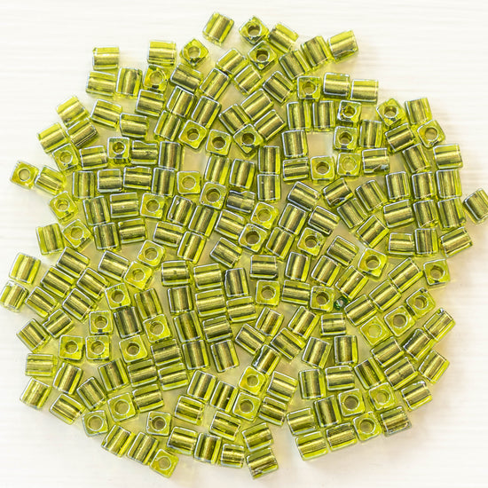 4mm Miyuki Cube Beads - Olive Lined Chartreuse - Choose Amount