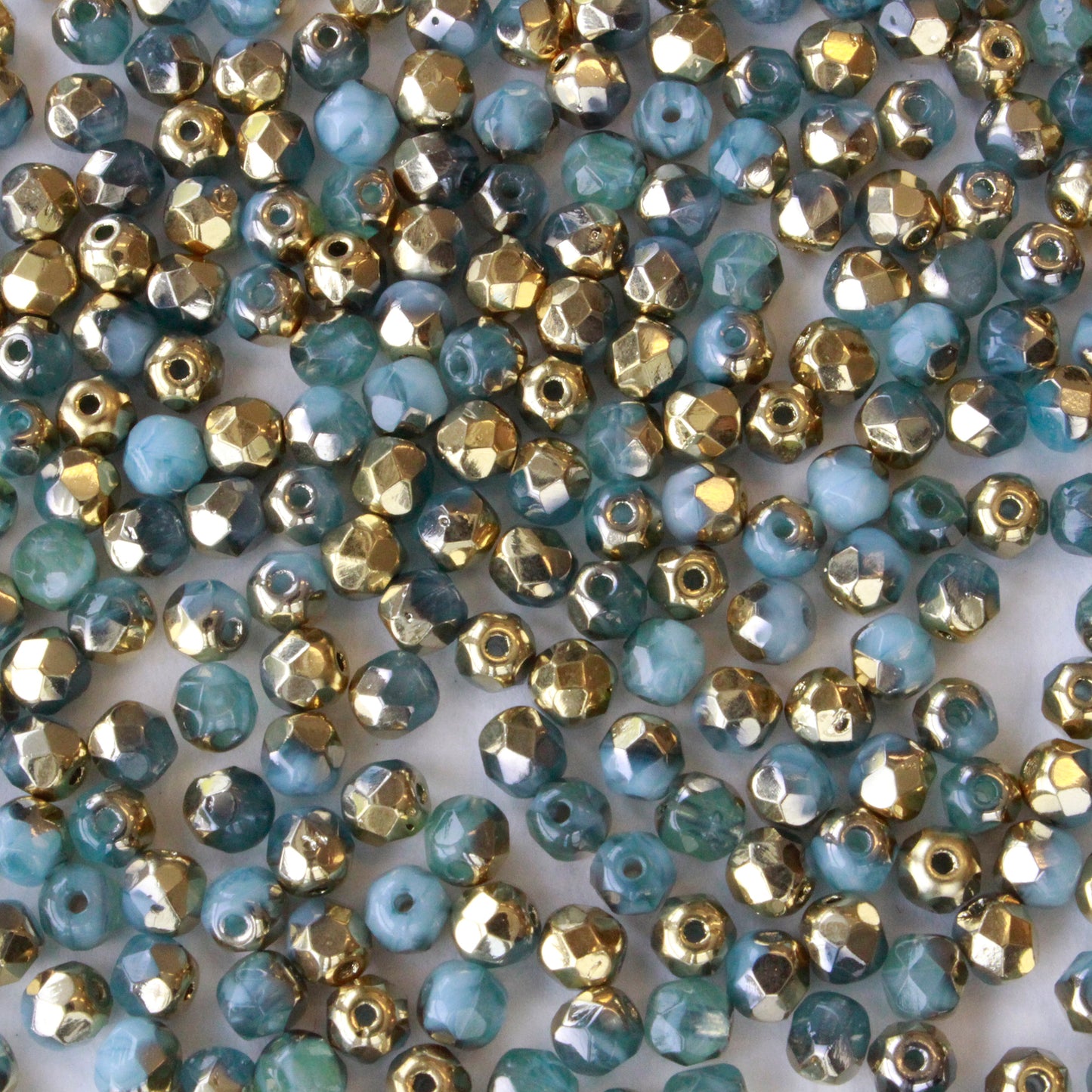 4mm Round Firepolished Beads - Aqua with Gold  - 100 beads
