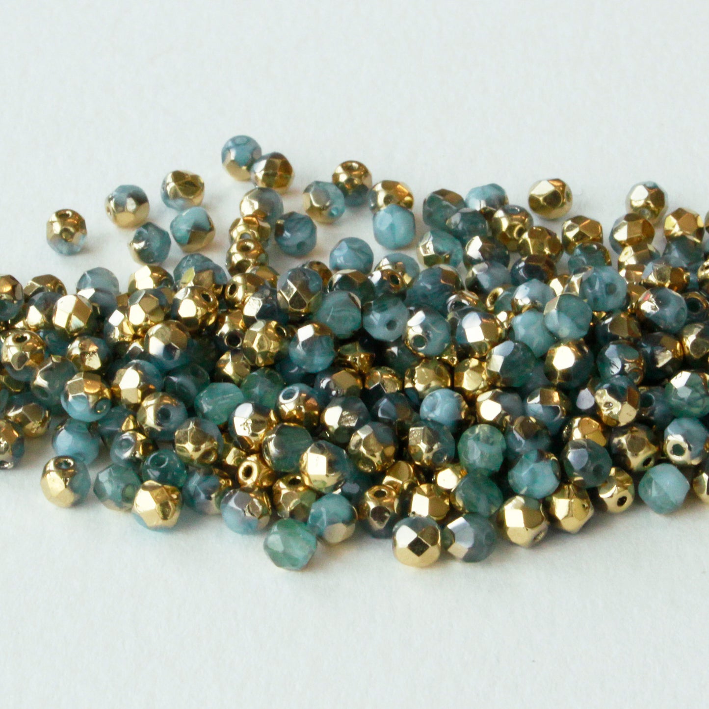 4mm Round Firepolished Beads - Aqua with Gold  - 100 beads