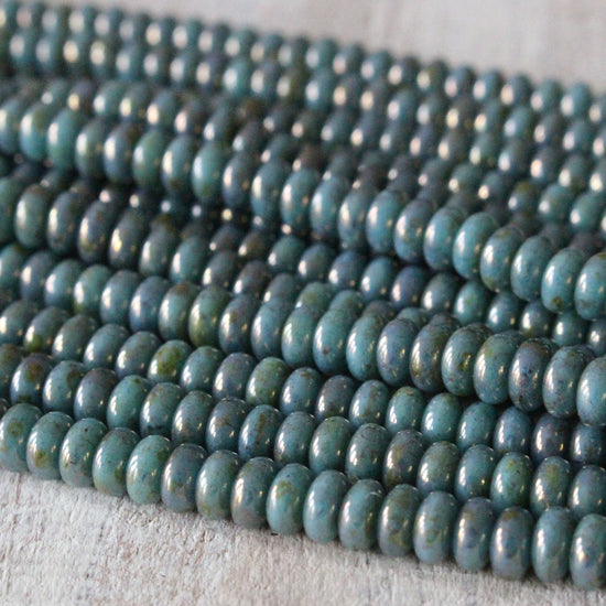 4mm Frosted Glass Rondelle Beads - Turquoise Bronze Picasso - 100 Beads
