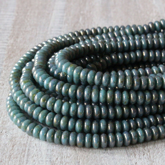 4mm Frosted Glass Rondelle Beads - Turquoise Bronze Picasso - 100 Beads