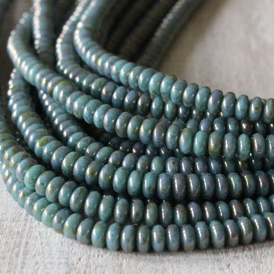 4mm Frosted Glass Rondelle Beads - Turquoise Bronze Picasso - 100 Beads