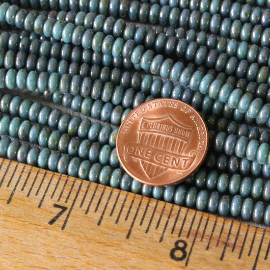 4mm Frosted Glass Rondelle Beads - Turquoise Bronze Picasso - 100 Beads