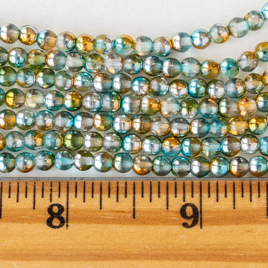 4mm Round Glass Beads - Amber, Teal and Silver Sparkle - 50 Beads
