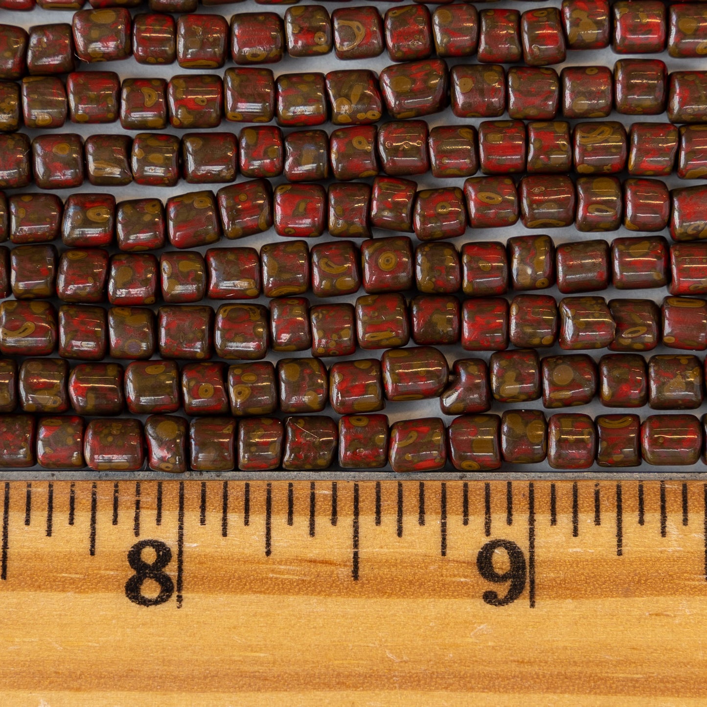 Load image into Gallery viewer, 4x4mm Picasso Tube Beads - Dark Red Picasso - 20 inches
