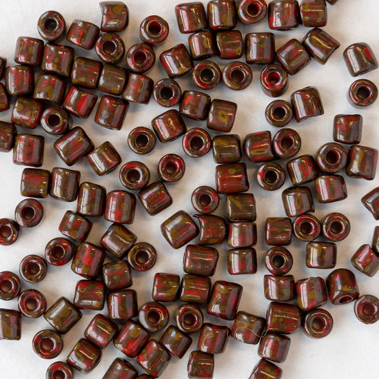 Load image into Gallery viewer, 4x4mm Picasso Tube Beads - Dark Red Picasso - 20 inches
