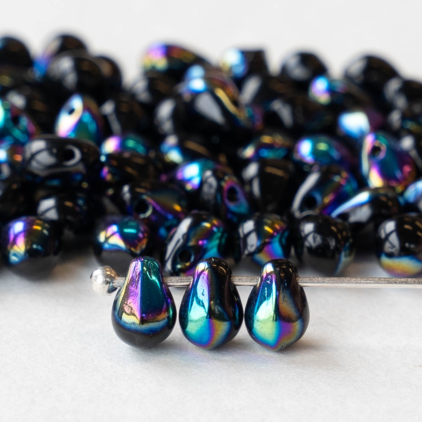 4x6mm Glass Teardrop Beads - Jet Black AB - 100 Beads