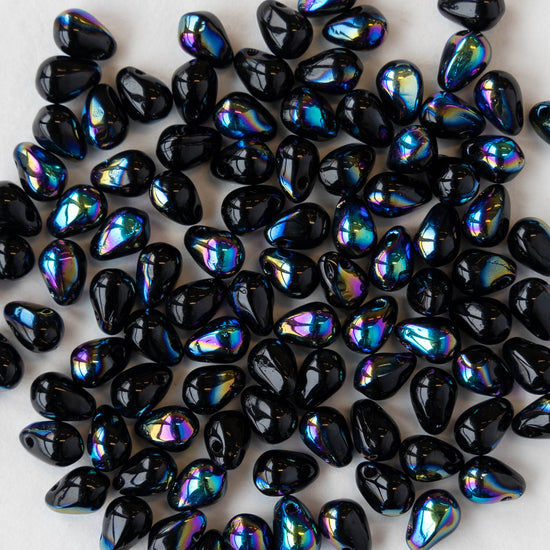 4x6mm Glass Teardrop Beads - Jet Black AB - 100 Beads
