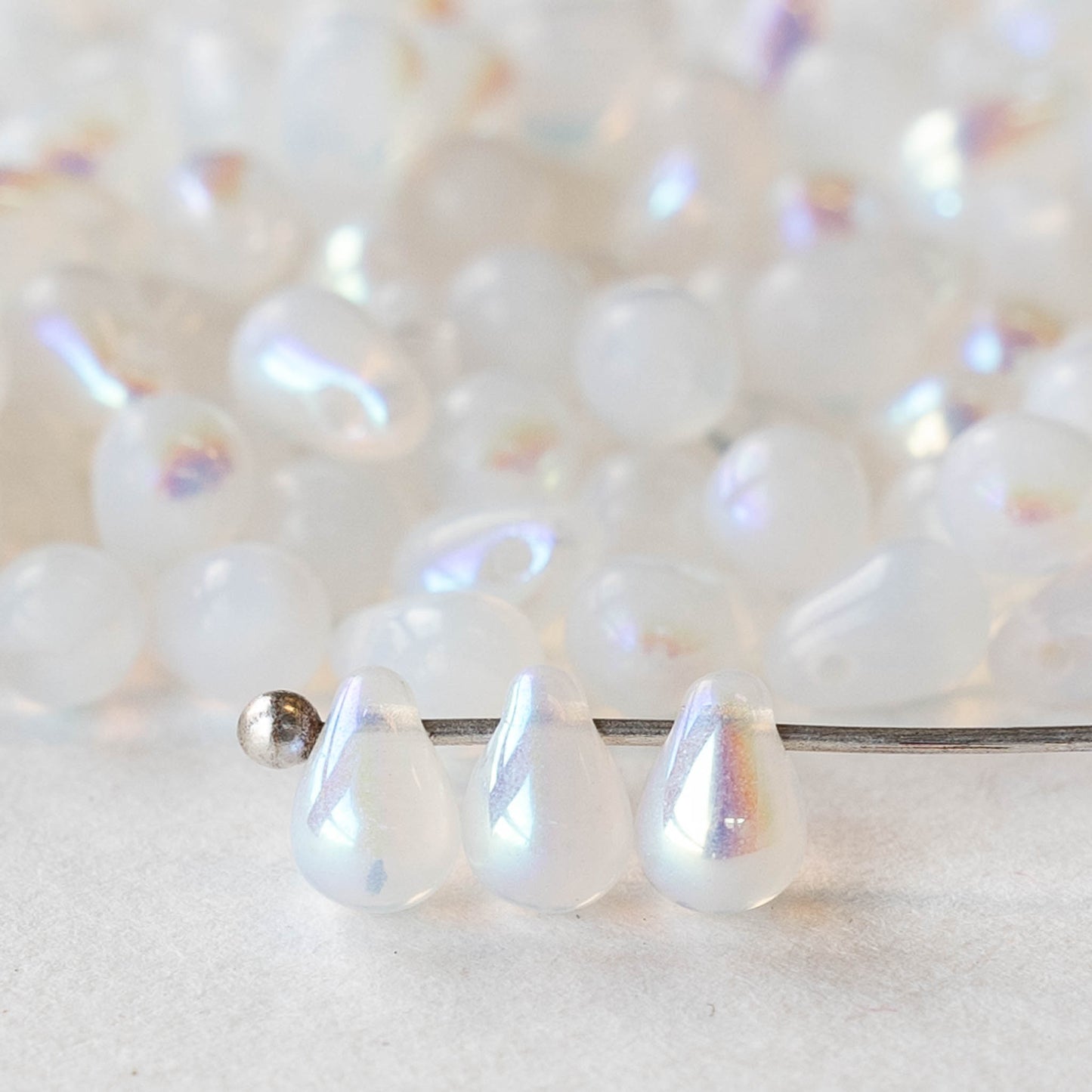 4x6mm Glass Teardrop Beads - Opaline AB - 100 Beads