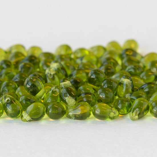 4x6mm Glass Teardrop Beads - Olivine - 100 Beads