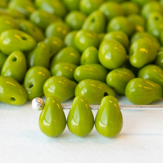 4x6mm Glass Teardrop Beads - Opaque Olive Green - 100 Beads