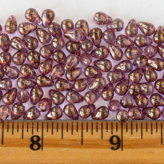4x6mm Glass Teardrop Beads - Light Lavender with Gold Shimmer - 100 Beads