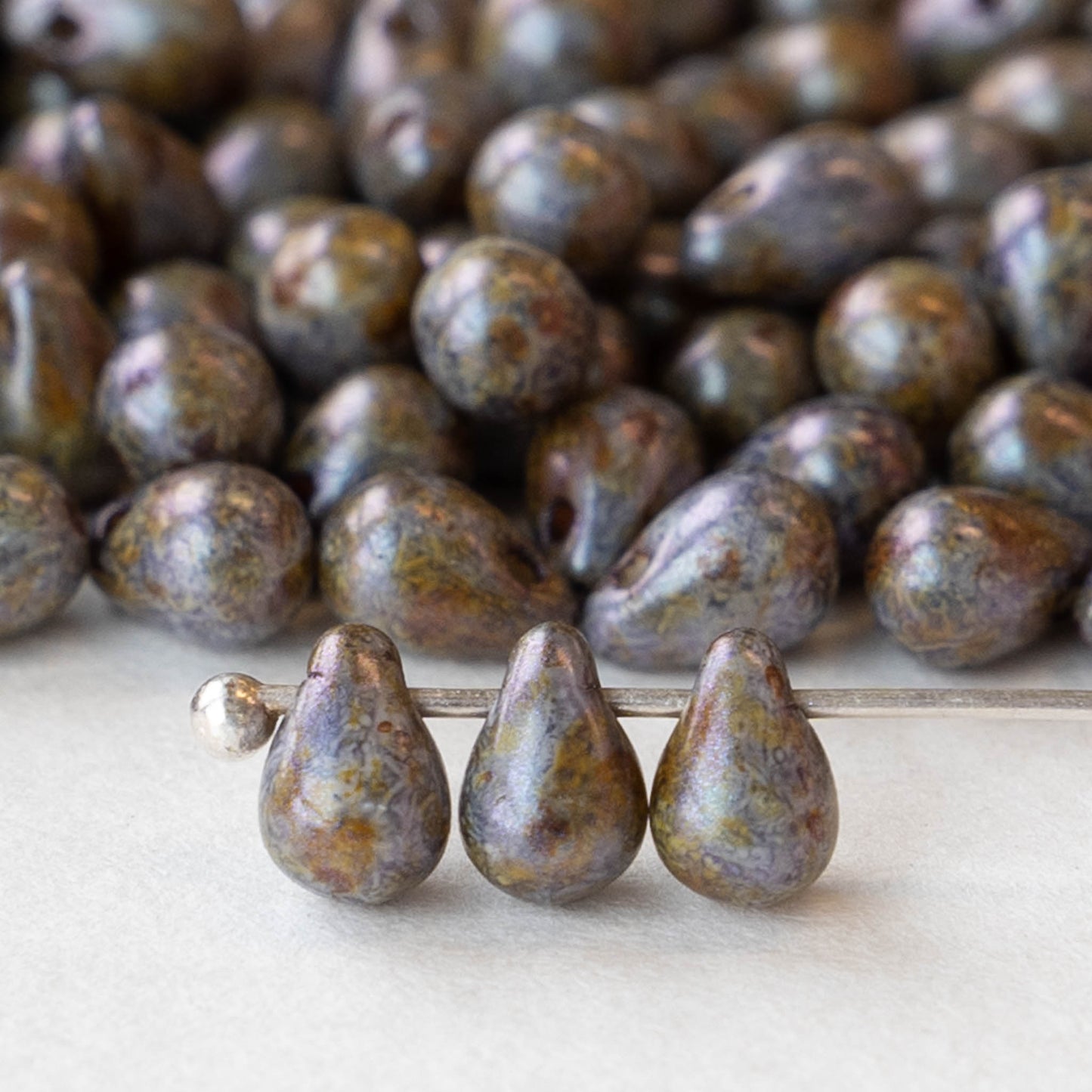 4x6mm Glass Teardrop Beads - Stone Picasso - 100 Beads