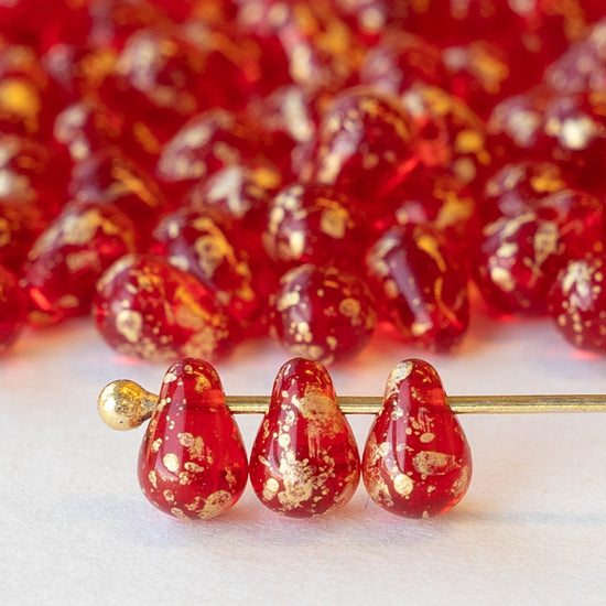 4x6mm Glass Teardrop Beads - Red with Gold Dust - 100 Beads