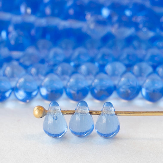 6x4mm Glass Teardrop Beads - Sapphire Blue - 100 Beads