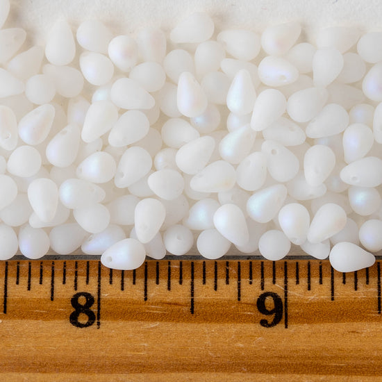 4x6mm Glass Teardrop Beads - White Matte AB - 100 Beads