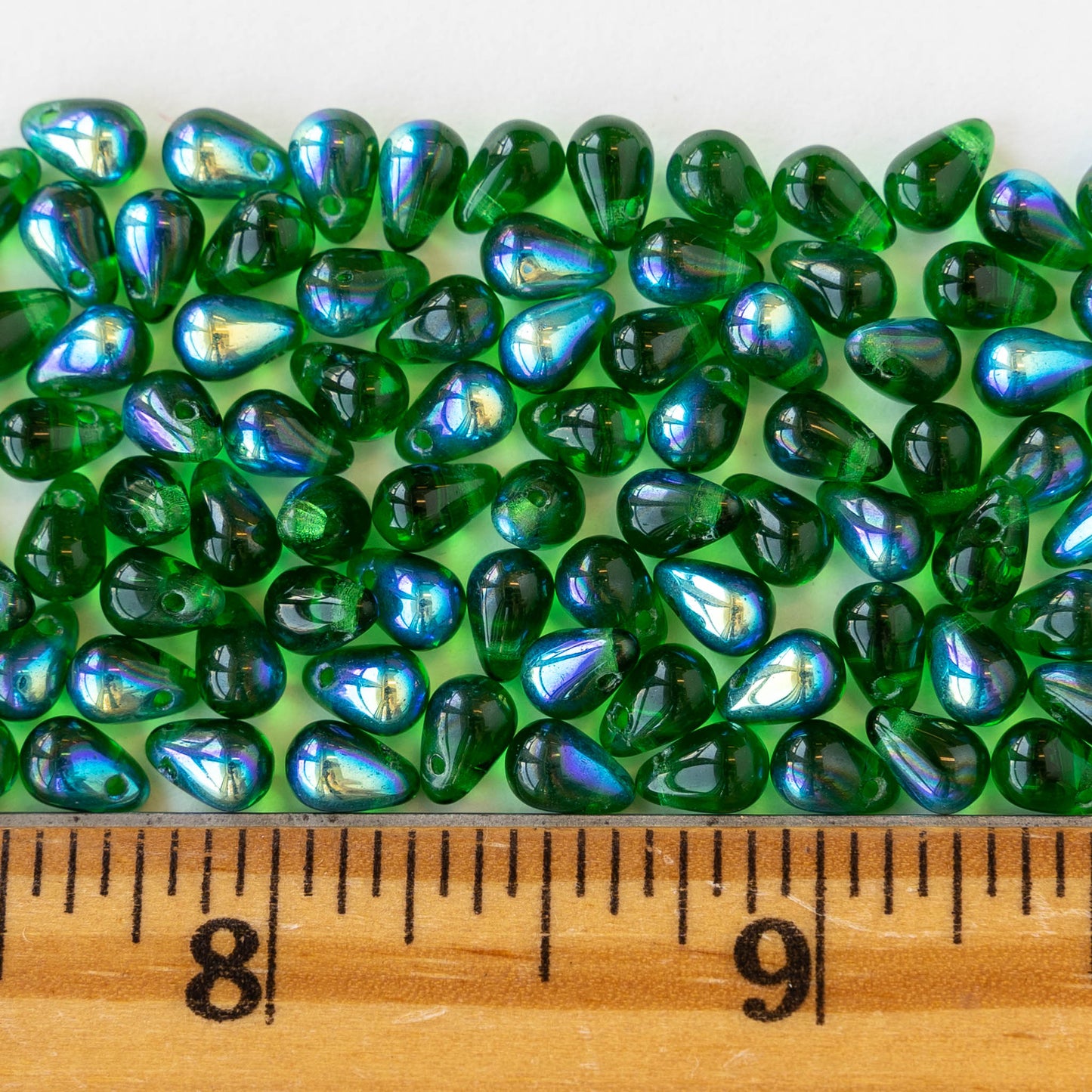 6x4mm Glass Teardrop Beads  - Emerald Green AB - 100 Beads