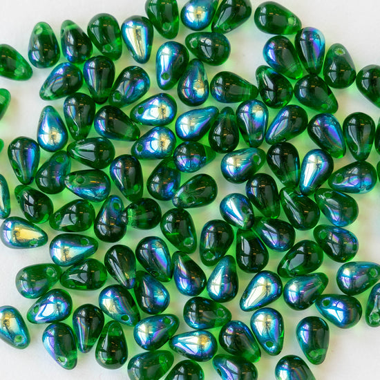 6x4mm Glass Teardrop Beads  - Emerald Green AB - 100 Beads