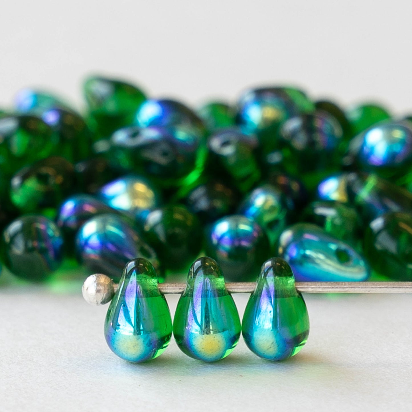 6x4mm Glass Teardrop Beads  - Emerald Green AB - 100 Beads