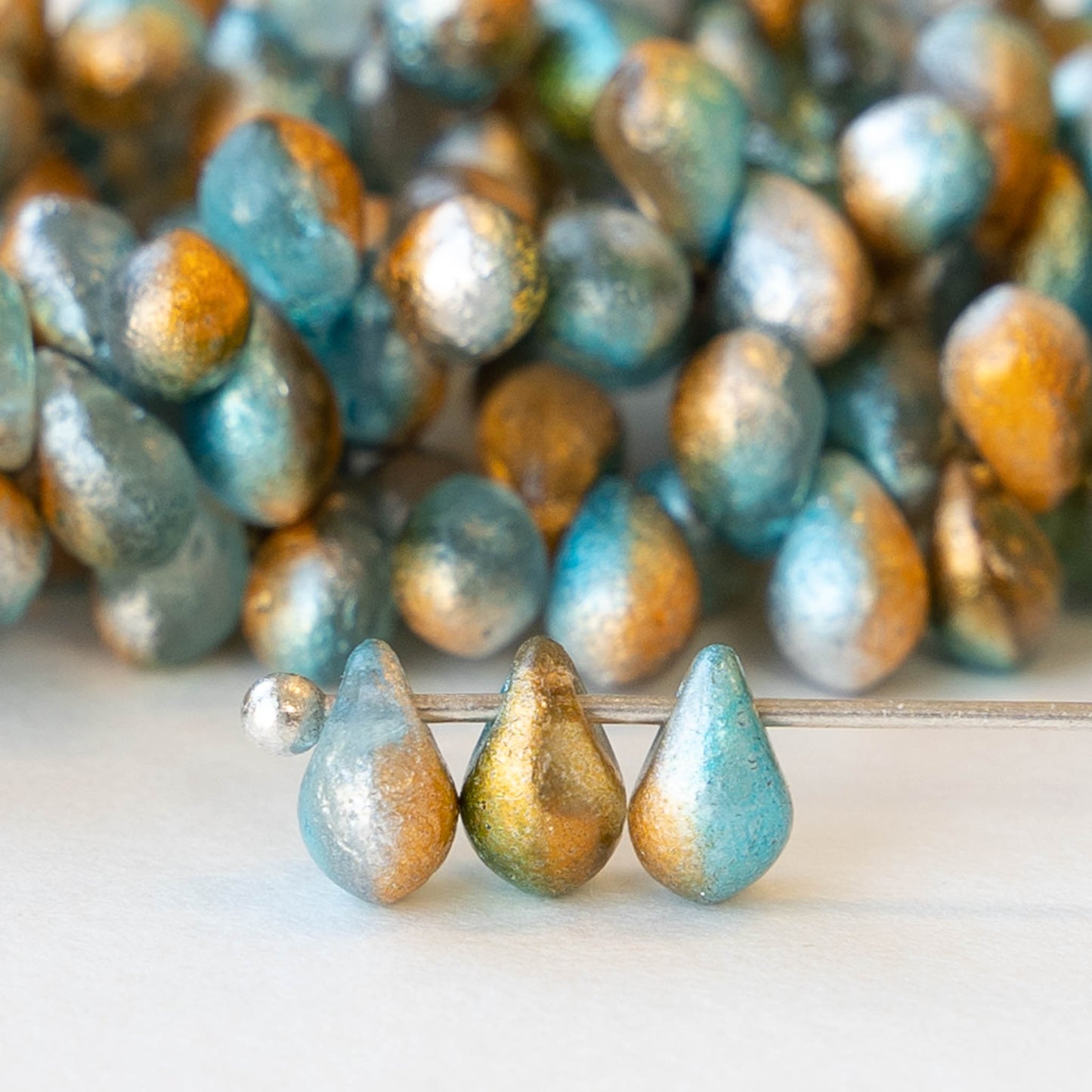4x6mm Glass Teardrop Beads - Etched Orange Aqua - 50 beads