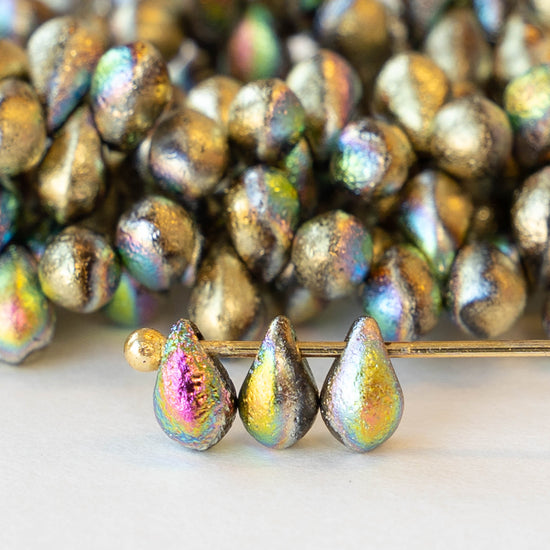 Glass Teardrop Beads - Etched Gold AB - 50 beads