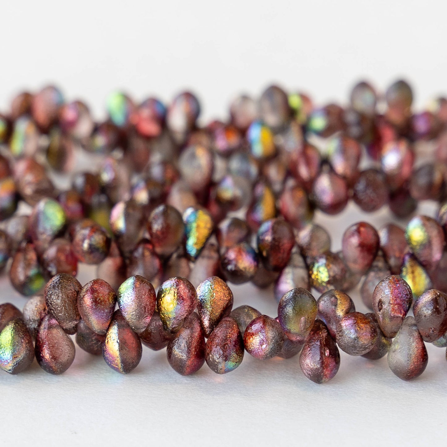 4x6mm Glass Teardrop Beads - Etched Metallic Raspberry - 50 beads