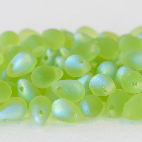 5x7mm Glass Teardrop Beads - Lime Matte AB - 75 Beads