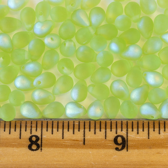5x7mm Glass Teardrop Beads - Lime Matte AB - 75 Beads