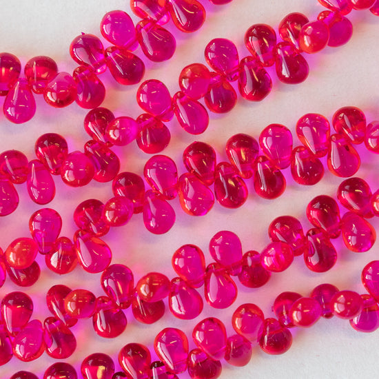 6x4mm Glass Teardrop Beads -  Hot Pink - 80 Beads