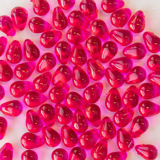 6x4mm Glass Teardrop Beads -  Hot Pink - 80 Beads