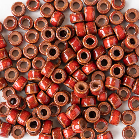 4x6mm Shiny Glazed Ceramic Tube Beads - Crimson Red - 10 or 30