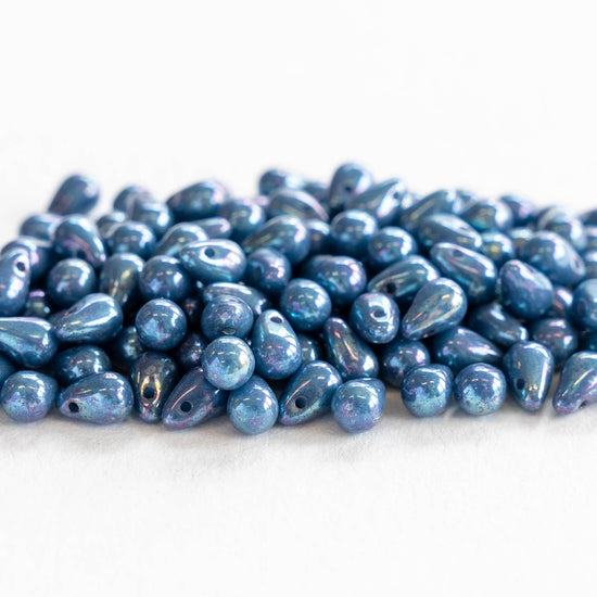 4x6mm Glass Teardrop Beads - Blue Luster - 100 Beads