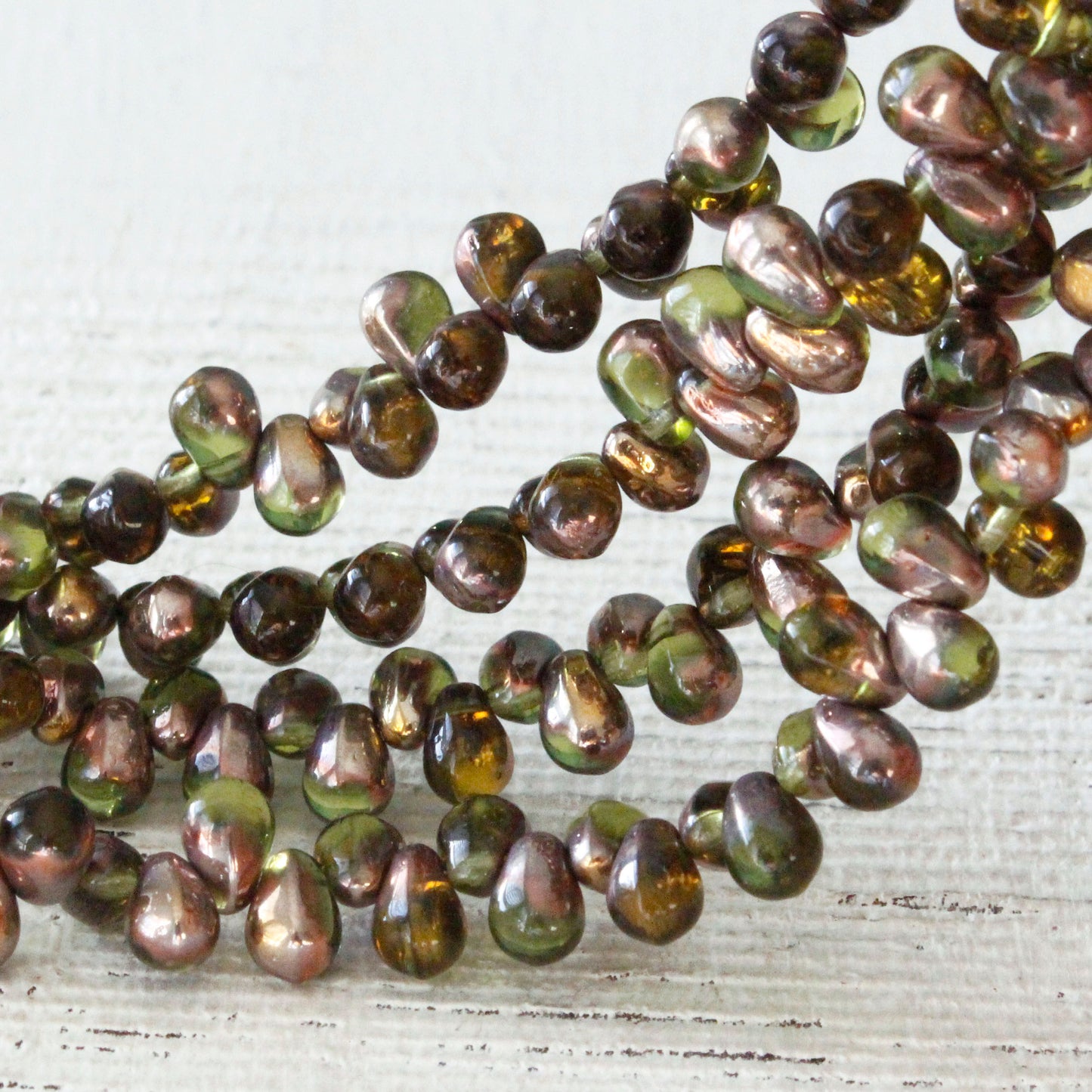4x6mm Glass Teardrops - Olive With Copper Finish - 100 Beads