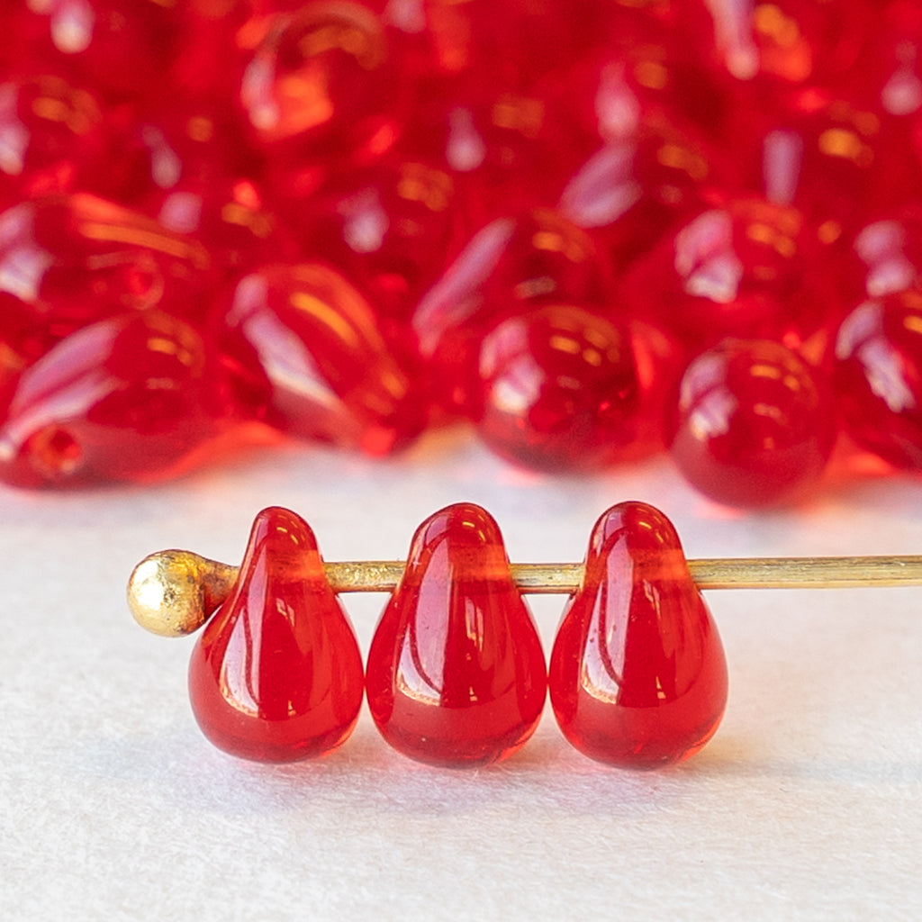 4x6mm Glass Teardrop Beads Red 100 Beads – funkyprettybeads
