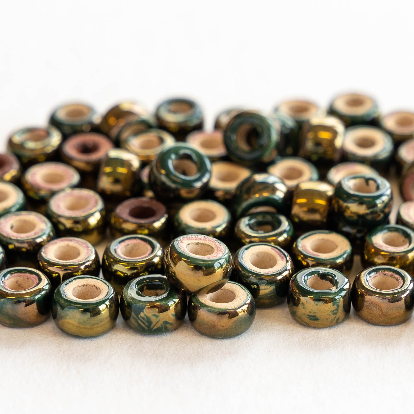 4x6mm Glazed Ceramic Tube Beads - Forest Green & Gold - 10 or 30