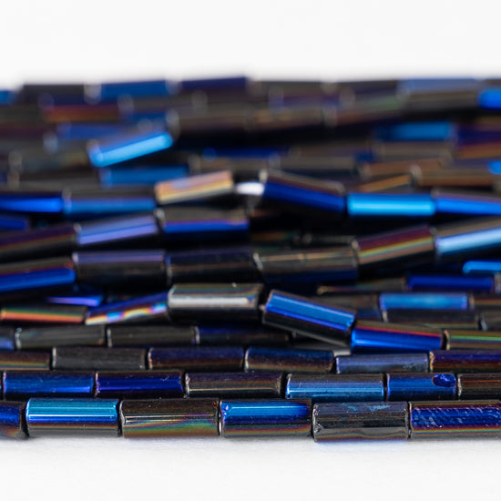 9x4mm Glass Tube Beads - Metallic Scarabee Blue - 20 or 60 Inches