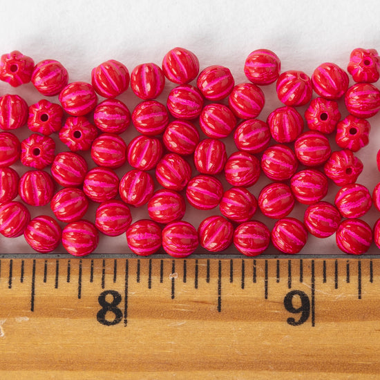 5mm Melon Beads - Red with Pink Wash - 50 Beads