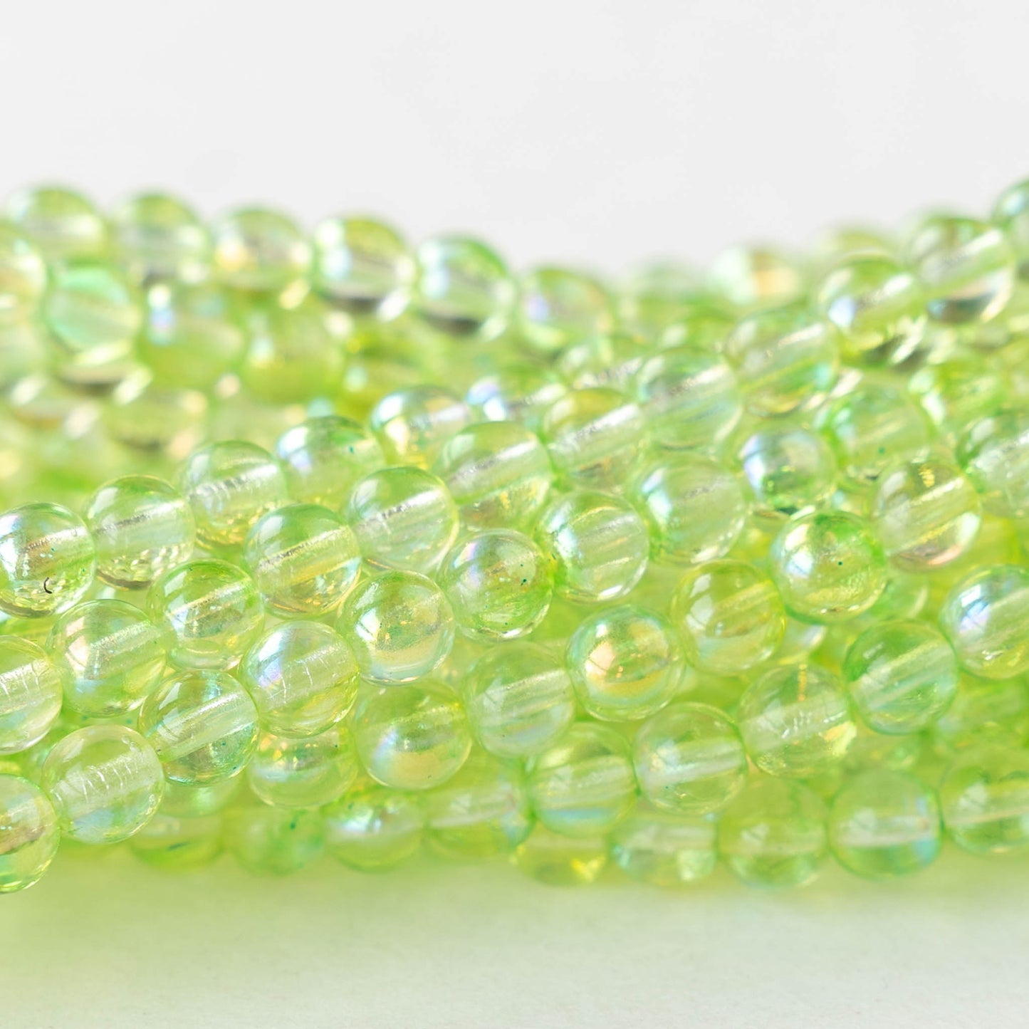 5mm Round Glass Beads - Yellow Green Shimmer AB - 100 Beads