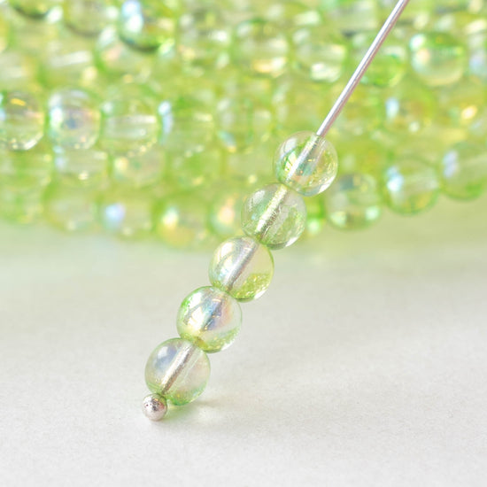 5mm Round Glass Beads - Yellow Green Shimmer AB - 100 Beads