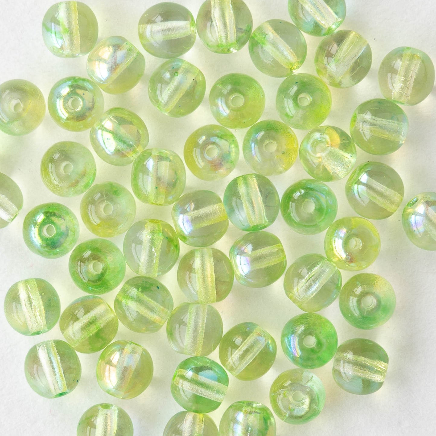 5mm Round Glass Beads - Yellow Green Shimmer AB - 100 Beads