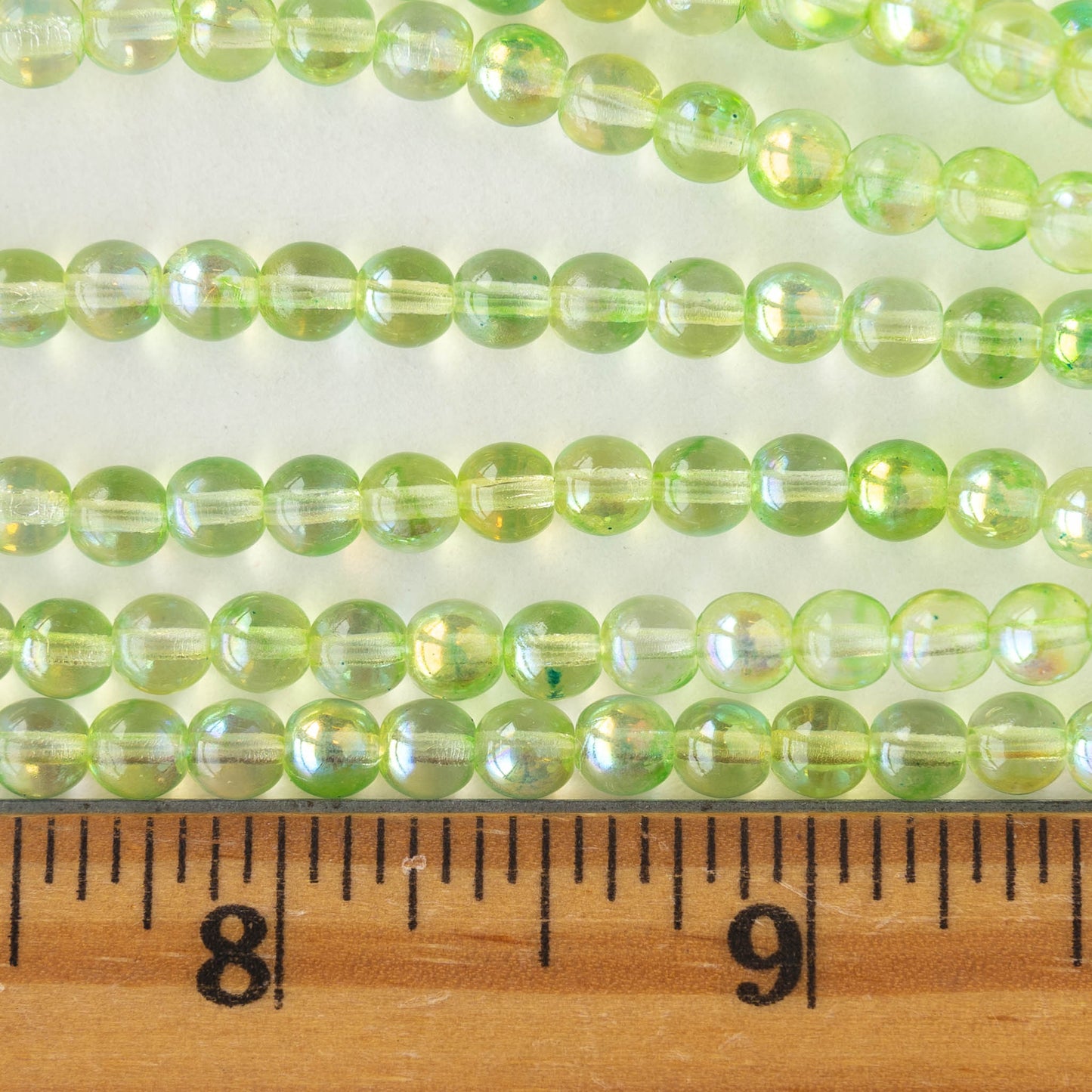 5mm Round Glass Beads - Yellow Green Shimmer AB - 100 Beads