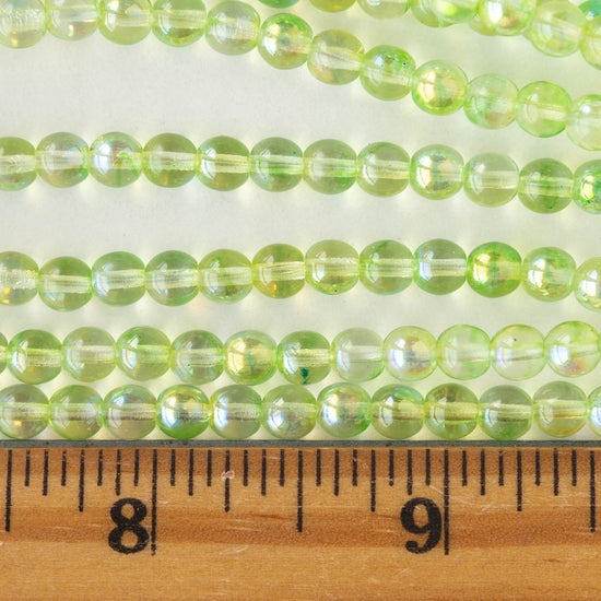 5mm Round Glass Beads - Yellow Green Shimmer AB - 100 Beads