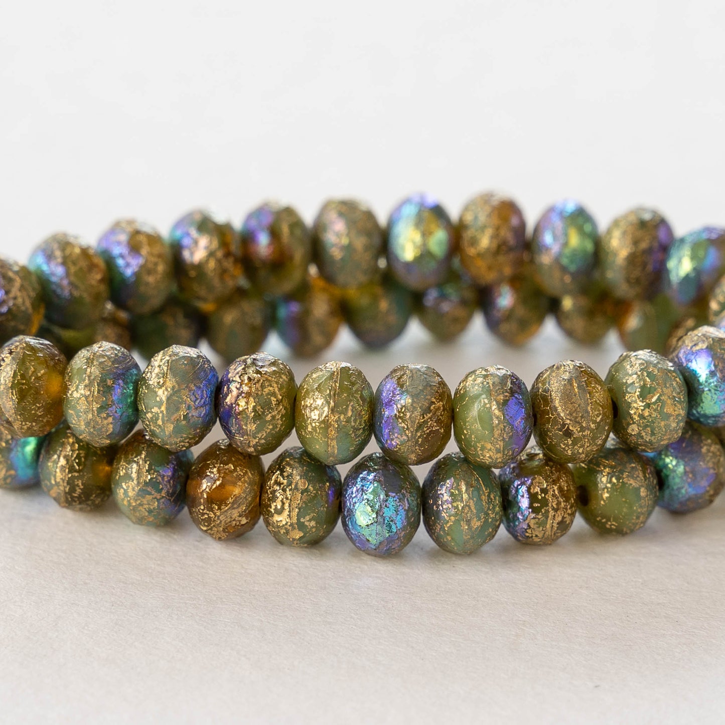 5x7mm Rondelle -  Etched Amber and Sky Blue AB Gold Wash - 25 Beads