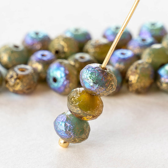 5x7mm Rondelle -  Etched Amber and Sky Blue AB Gold Wash - 25 Beads