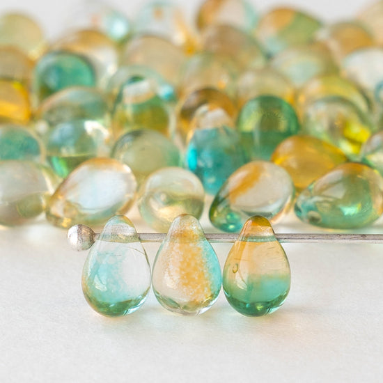 5x7mm Glass Teardrop Beads - Seafoam Orange Mix - 75 beads